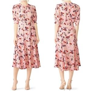 by TiMo Pink Floral Midi Dress Short Puff Sleeves Bloom‎ 50s Print, Size Small